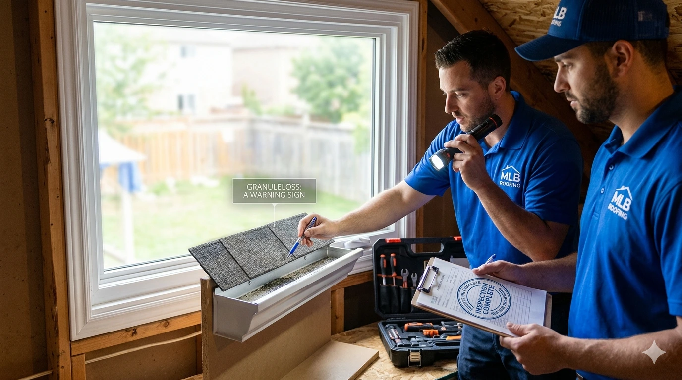 Two professional roofers from MLB Roofing in a Mississauga attic, using focused inspection lighting to examine eavestrough granules on a technical display, identifying warning signs of shingle age and granule loss for GTA homeowners.