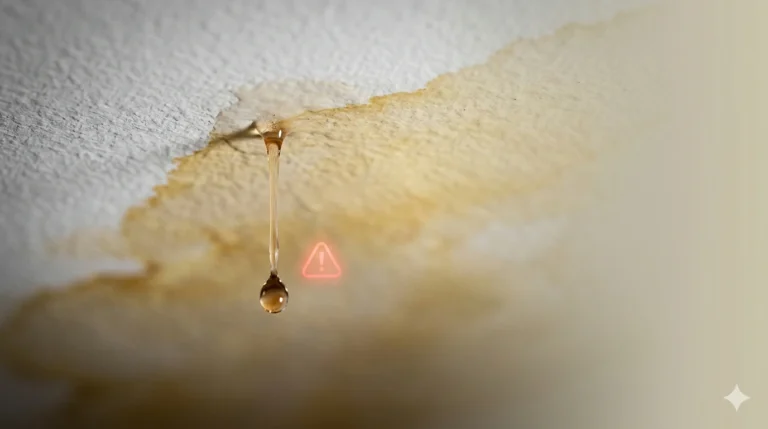 A detailed close-up of a brown water stain on a home ceiling in Toronto, showing a single water drop actively dripping, illustrating the urgent need for professional roof leak detection.
